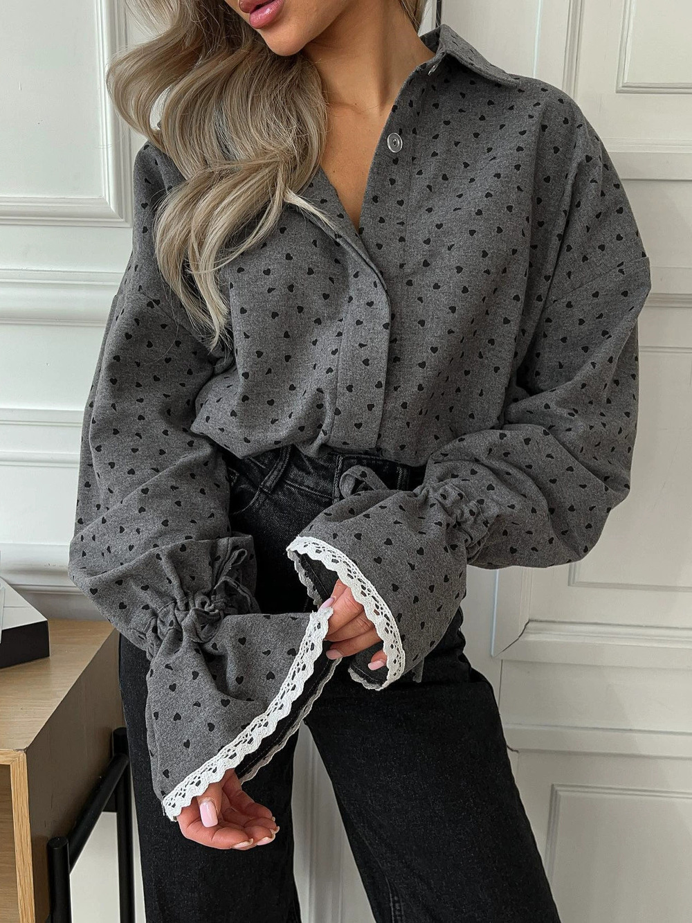 Zara Polka Dot Lace Cuff Loose Blouse Turn Down Collar Long Sleeve Spring Autumn
